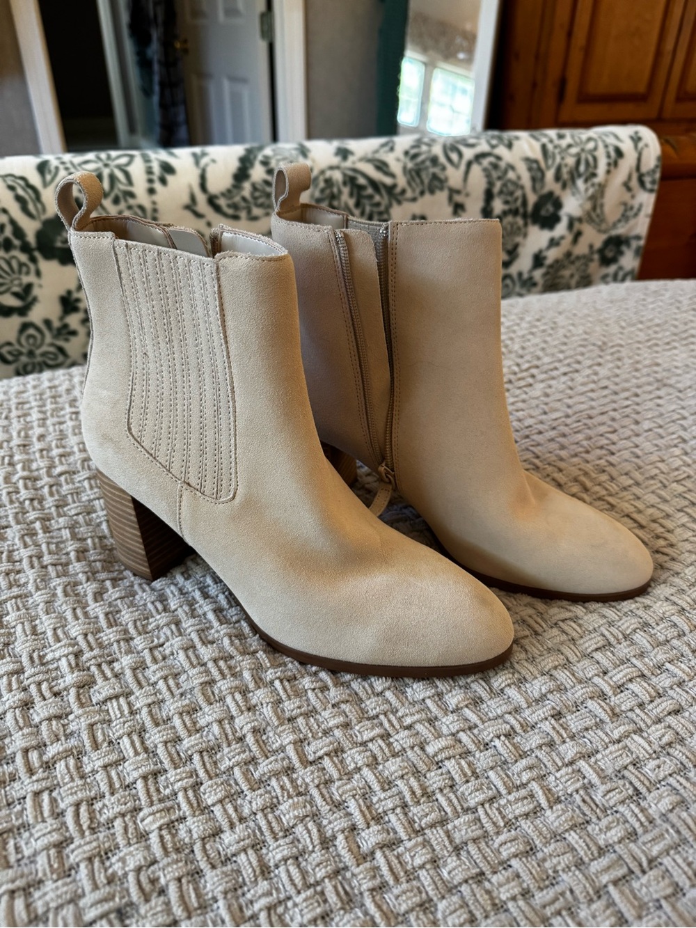 Meghan LA Cream Suede Ankle Booties with Block Heel